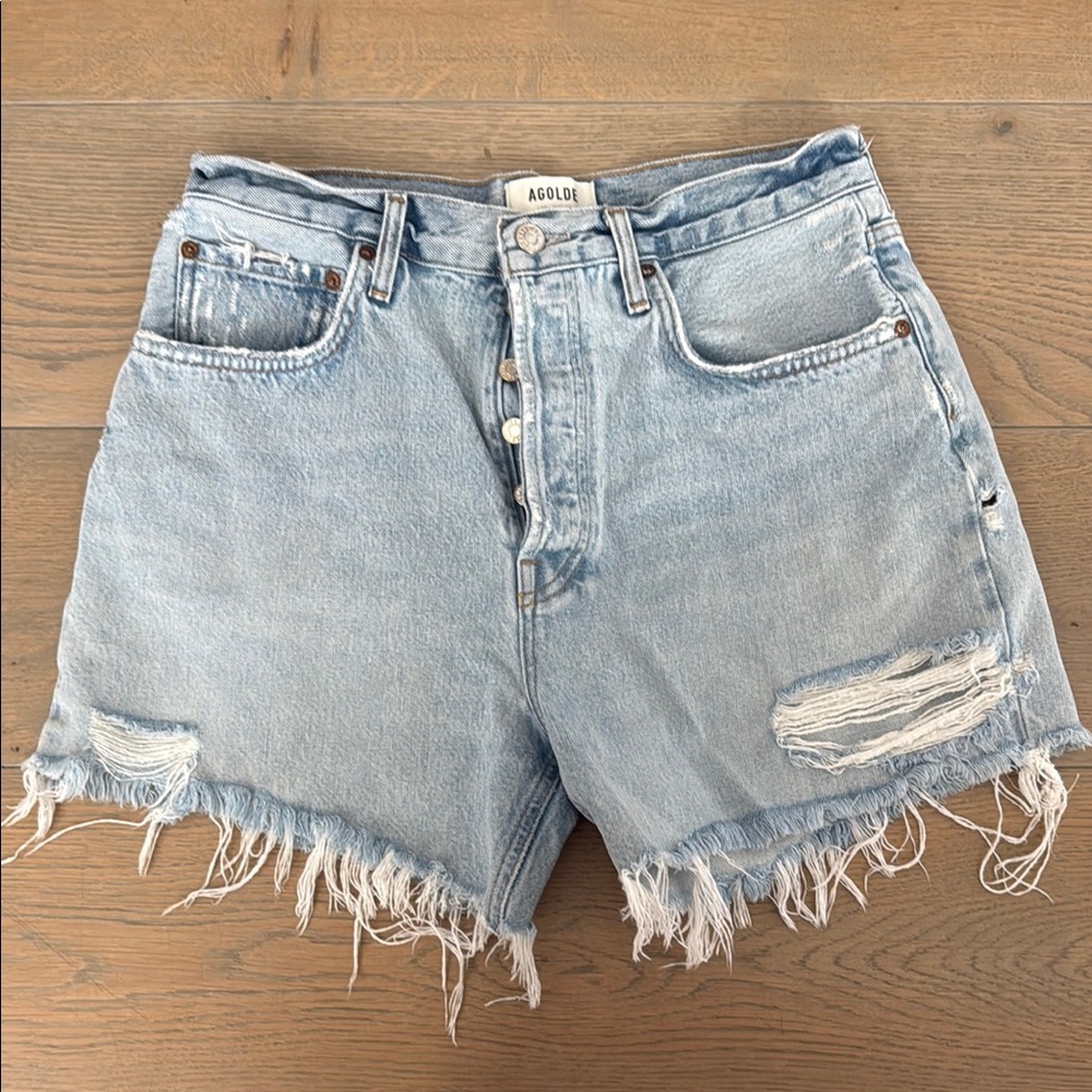 Agolde Frayed Light Blue Jean Shorts